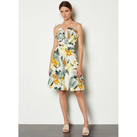 Karen Millen Cream‎ Multi Tropical Floral Print Cotton Mini Dress Ruffle Size 10 - Picture 1 of 10